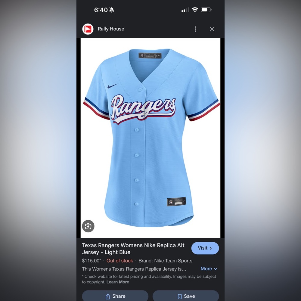 TEXAS RANGERS WOMENS NIKE REPLICA ALT JERSEY - LIGHT BLUE